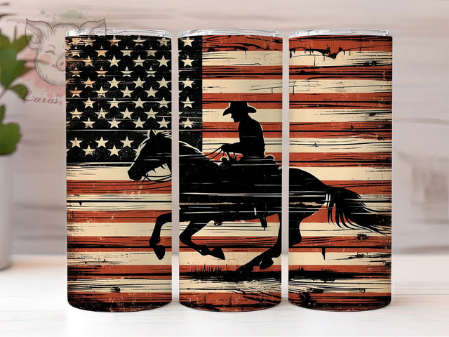 Western Cowboy American Flag Tumbler, Western Cowboy Design, Rustic Tumbler, Vintage Flag Drinkware, Patriotic Cowboy, Western Decor Tumbler, American Spirit Tumbler Sublimation Lara' s Designs 
