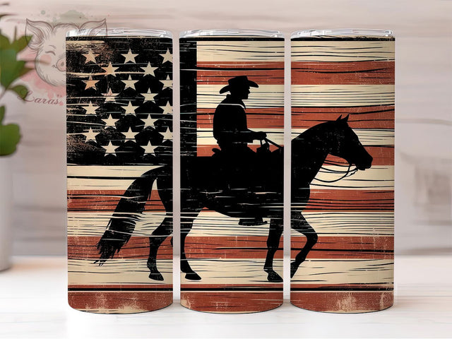 Western Cowboy American Flag Tumbler, Western Cowboy Design, Rustic Tumbler, Vintage Flag Drinkware, Patriotic Cowboy, Western Decor Tumbler, American Spirit Tumbler Sublimation Lara' s Designs 