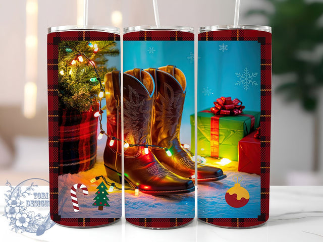 Western Cowboy Boots Christmas Tumbler, Western Holiday Wrap, Rustic Christmas Mug Design, Sublimation Wrap, Country Christmas Drinkware, Western Gift Idea, Festive Cowboy Cup Sublimation ToriDesigns 