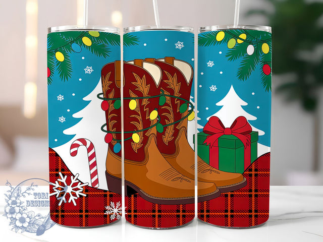 Western Cowboy Boots Christmas Tumbler, Western Holiday Wrap, Rustic Christmas Mug Design, Sublimation Wrap, Country Christmas Drinkware, Western Gift Idea, Festive Cowboy Cup Sublimation ToriDesigns 