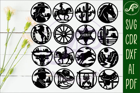 Western Cowboy Coasters Bundle x 16 for laser cutting and crafts SVG APInspireddesigns 