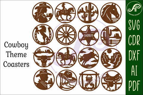 Western Cowboy Coasters Bundle x 16 for laser cutting and crafts SVG APInspireddesigns 
