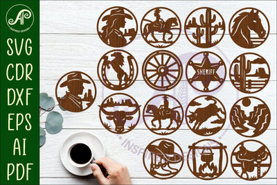 Western Cowboy Coasters Bundle x 16 for laser cutting and crafts SVG APInspireddesigns 