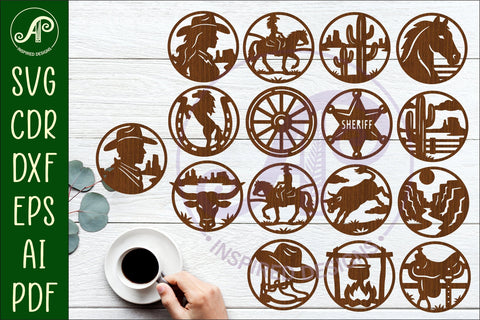 Western Cowboy Coasters Bundle x 16 for laser cutting and crafts SVG APInspireddesigns 