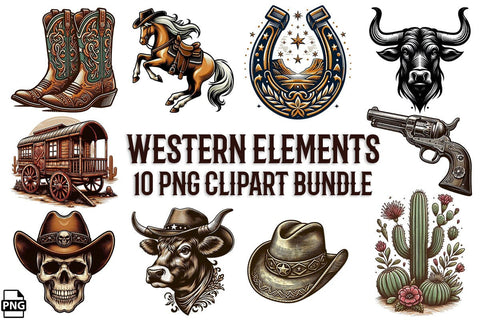 Western Cowboy Cowgirl Elements Clipart PNG Bundle Printable File Sublimation Creativedesigntee 