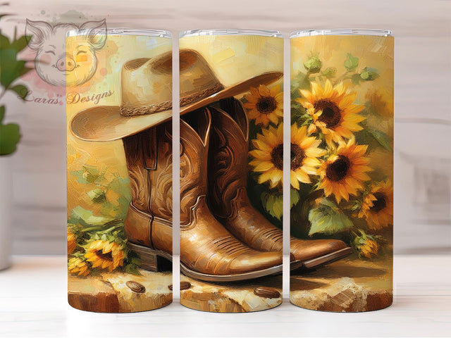 Western Cowboy Sunflower Tumbler, Cowboy Hat, Sunflowers Wrap, Sublimation Art, 20oz Tumbler, Western Theme, Rustic Design Sublimation Lara' s Designs 