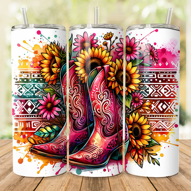 Western Cowgirl Boots Tumbler Wrap, 20 oz Skinny Tumbler Sublimation Design Wrap, Digital Download, Straight Design PNG, Seamless Sunflowers Sublimation She Shed Craft Store 