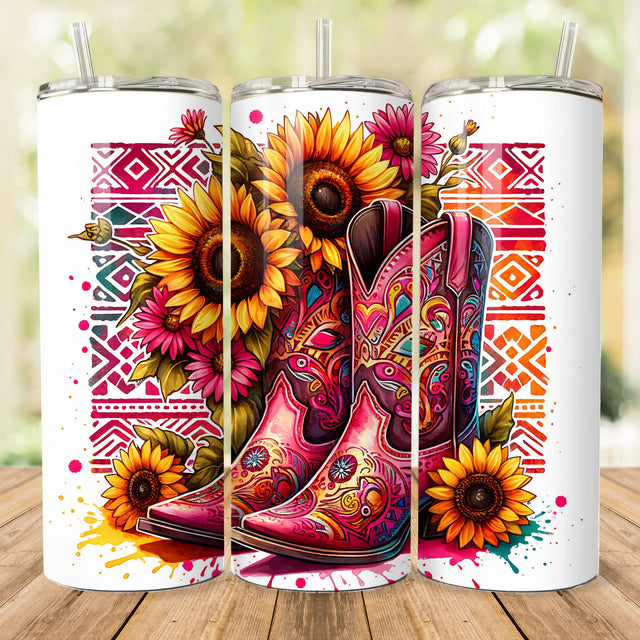 Western Cowgirl Boots Tumbler Wrap, 20 oz Skinny Tumbler Sublimation Design Wrap, Digital Download, Straight Design PNG, Seamless Sunflowers Sublimation She Shed Craft Store 