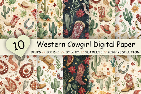 Western Cowgirl Digital Paper Pack, Seamless Watercolor Pattern Bundle, Printable Scrapbook Paper, Bandana Horseshoe Design Collection Digital Pattern FloridPrintables 