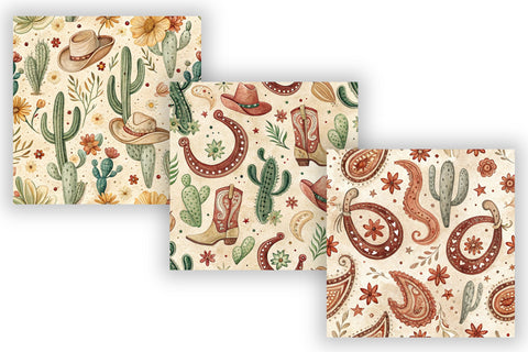 Western Cowgirl Digital Paper Pack, Seamless Watercolor Pattern Bundle, Printable Scrapbook Paper, Bandana Horseshoe Design Collection Digital Pattern FloridPrintables 