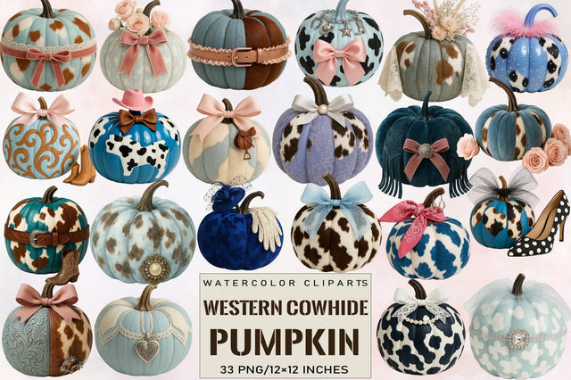 Western Cowhide Blue Coquette Pumpkin Clipart Bundle. Sublimation SVGArt 