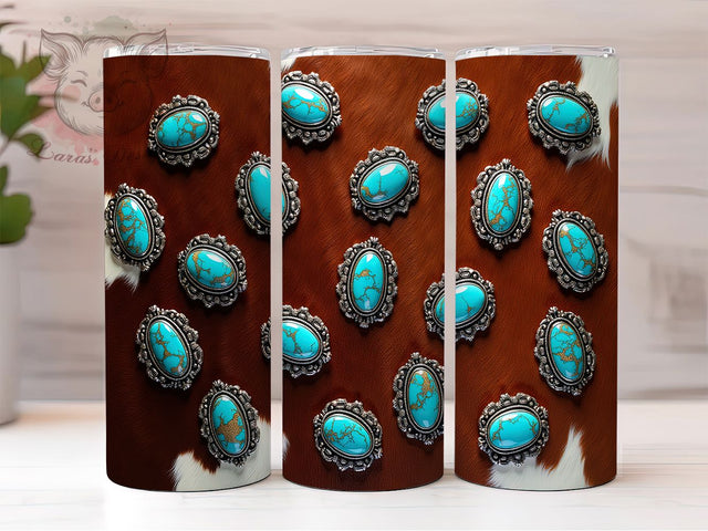Western Cowhide Turquoise Tumbler, Turquoise Gemstone Cup, Distressed Leather Tumbler, Teal Western Print, Rustic Cow Print Tumbler, Boho Western Drinkware, Rodeo Country Style Sublimation Lara' s Designs 
