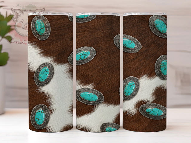 Western Cowhide Turquoise Tumbler, Turquoise Gemstone Cup, Distressed Leather Tumbler, Teal Western Print, Rustic Cow Print Tumbler, Boho Western Drinkware, Rodeo Country Style Sublimation Lara' s Designs 