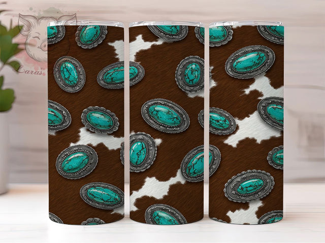 Western Cowhide Turquoise Tumbler, Turquoise Gemstone Cup, Distressed Leather Tumbler, Teal Western Print, Rustic Cow Print Tumbler, Boho Western Drinkware, Rodeo Country Style Sublimation Lara' s Designs 