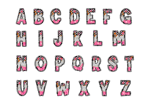 Western Doodle Alphabet PNG, Pink Cow Print Floral Letters Sublimation BijouBay 