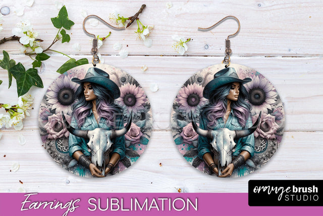 Western Earrings PNG - Cowgirl Round Earrings Sublimation Sublimation OrangeBrushStudio 
