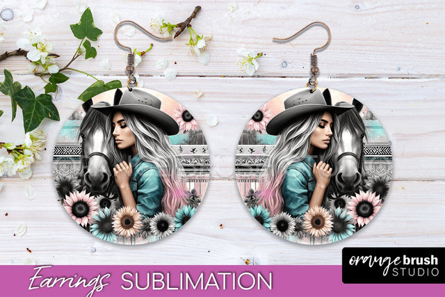 Western Earrings PNG - Cowgirl Round Earrings Sublimation Sublimation OrangeBrushStudio 