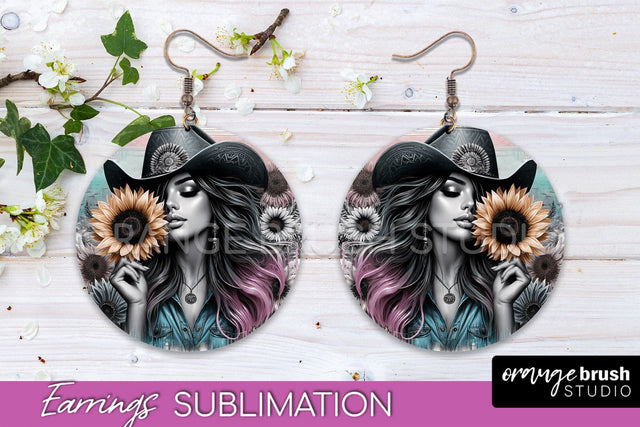 Western Earrings PNG - Cowgirl Round Earrings Sublimation Sublimation OrangeBrushStudio 