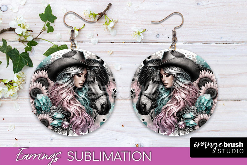 Western Earrings PNG - Cowgirl Round Earrings Sublimation Sublimation OrangeBrushStudio 