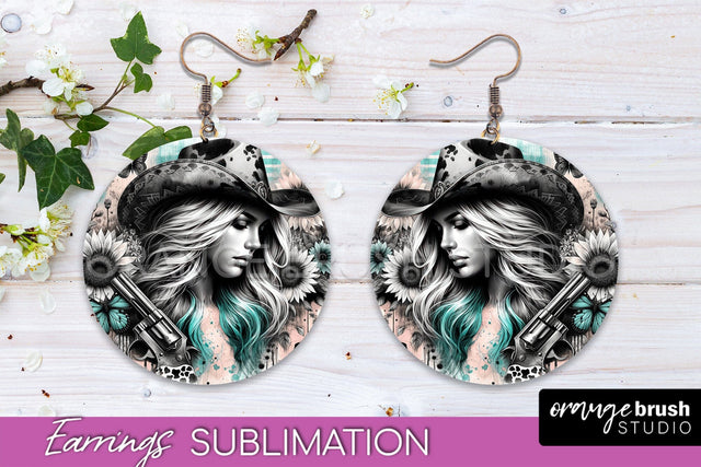 Western Earrings PNG - Cowgirl Round Earrings Sublimation Sublimation OrangeBrushStudio 