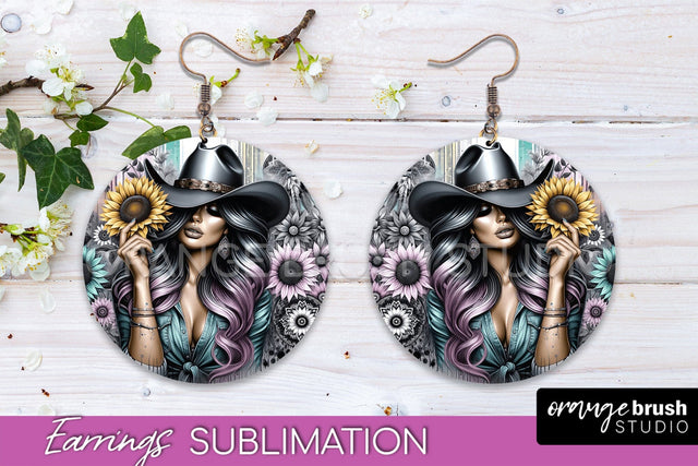 Western Earrings PNG - Cowgirl Round Earrings Sublimation Sublimation OrangeBrushStudio 