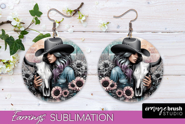 Western Earrings PNG - Cowgirl Round Earrings Sublimation Sublimation OrangeBrushStudio 