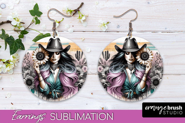 Western Earrings PNG - Cowgirl Round Earrings Sublimation Sublimation OrangeBrushStudio 