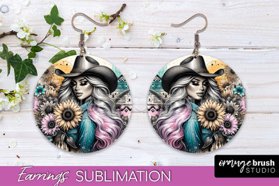 Western Earrings PNG - Cowgirl Round Earrings Sublimation Sublimation OrangeBrushStudio 