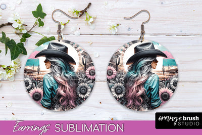 Western Earrings PNG - Cowgirl Round Earrings Sublimation Sublimation OrangeBrushStudio 