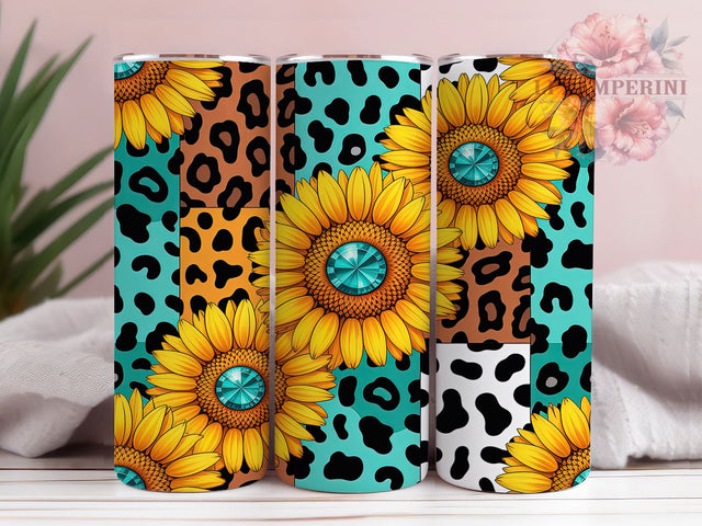 Western Gemstone Sunflower Tumbler, Cowhide Leopard Pattern, Western Sunflower Design, 20Oz Sublimation Wrap, Bling Sunflower Art, Cowhide Texture, Tumbler Sublimation Sublimation Li Zamperini 