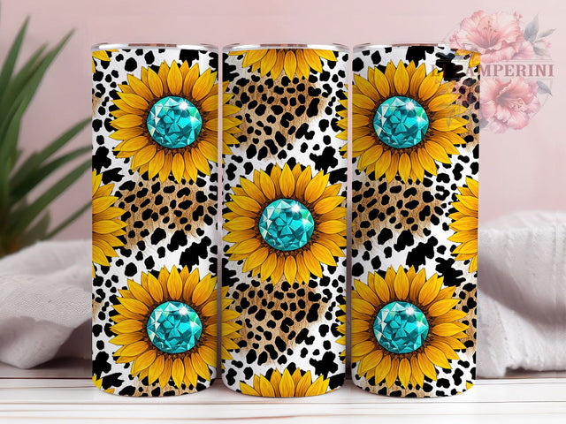 Western Gemstone Sunflower Tumbler, Cowhide Leopard Pattern, Western Sunflower Design, 20Oz Sublimation Wrap, Bling Sunflower Art, Cowhide Texture, Tumbler Sublimation Sublimation Li Zamperini 