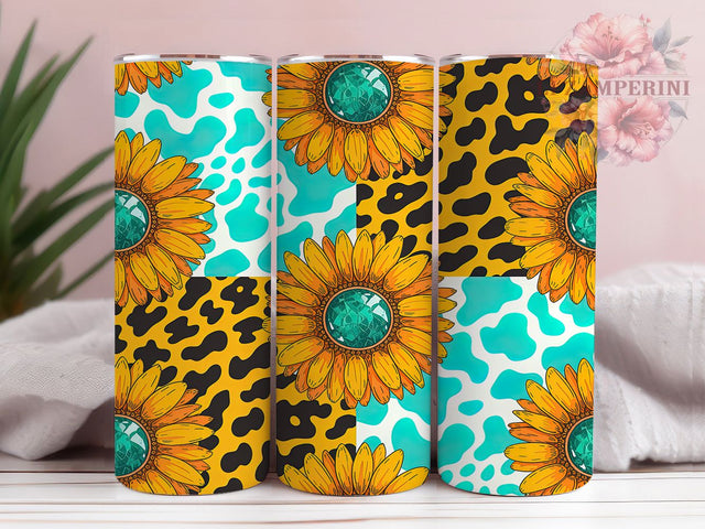 Western Gemstone Sunflower Tumbler, Cowhide Leopard Pattern, Western Sunflower Design, 20Oz Sublimation Wrap, Bling Sunflower Art, Cowhide Texture, Tumbler Sublimation Sublimation Li Zamperini 
