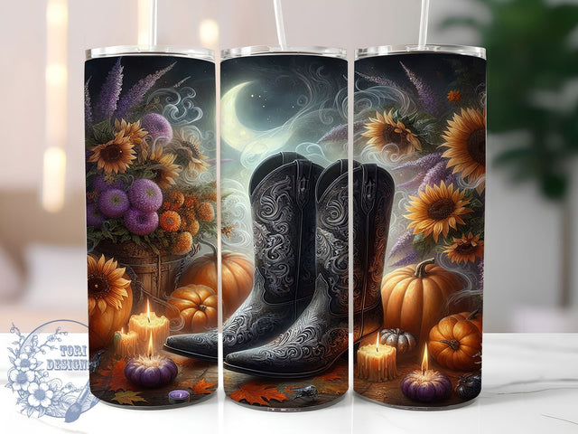 Western Goth Cowboy Boots Tumbler, Cowboy Boots, Spooky Season, Gothic Western, 20Oz Tumbler Wrap, Sublimation Drinkware, Dark Aesthetic Sublimation ToriDesigns 