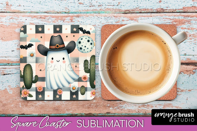 Western Halloween Coaster, Retro Ghost Square Coaster PNG Sublimation OrangeBrushStudio 