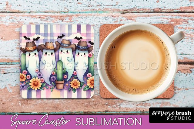 Western Halloween Coaster, Retro Ghost Square Coaster PNG Sublimation OrangeBrushStudio 