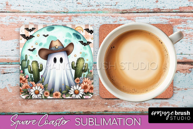 Western Halloween Coaster, Retro Ghost Square Coaster PNG Sublimation OrangeBrushStudio 