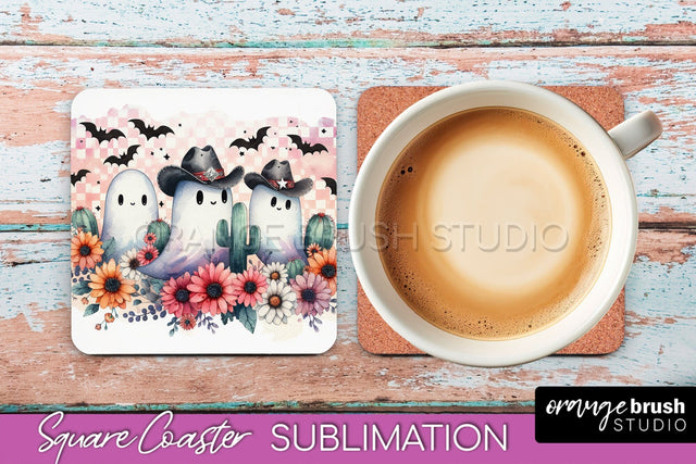 Western Halloween Coaster, Retro Ghost Square Coaster PNG Sublimation OrangeBrushStudio 