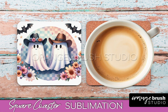 Western Halloween Coaster, Retro Ghost Square Coaster PNG Sublimation OrangeBrushStudio 