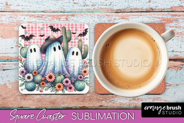 Western Halloween Coaster, Retro Ghost Square Coaster PNG Sublimation OrangeBrushStudio 