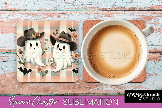 Western Halloween Coaster, Retro Ghost Square Coaster PNG Sublimation OrangeBrushStudio 