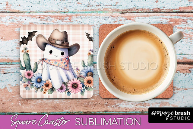 Western Halloween Coaster, Retro Ghost Square Coaster PNG Sublimation OrangeBrushStudio 