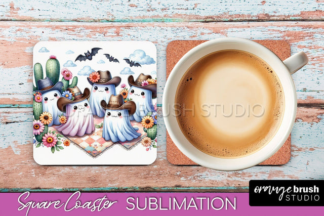 Western Halloween Coaster, Retro Ghost Square Coaster PNG Sublimation OrangeBrushStudio 