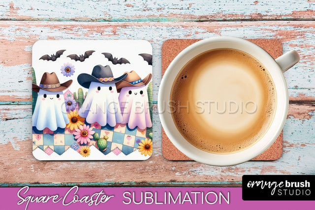 Western Halloween Coaster, Retro Ghost Square Coaster PNG Sublimation OrangeBrushStudio 