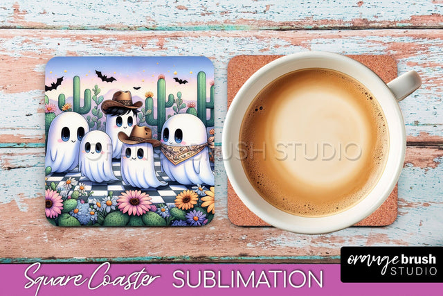 Western Halloween Coaster, Retro Ghost Square Coaster PNG Sublimation OrangeBrushStudio 