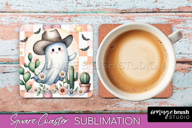 Western Halloween Coaster, Retro Ghost Square Coaster PNG Sublimation OrangeBrushStudio 