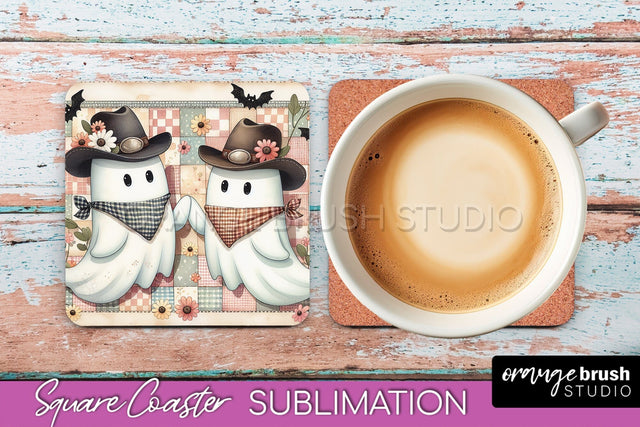 Western Halloween Coaster, Retro Ghost Square Coaster PNG Sublimation OrangeBrushStudio 