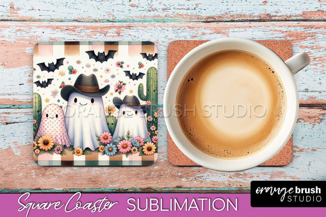 Western Halloween Coaster, Retro Ghost Square Coaster PNG Sublimation OrangeBrushStudio 