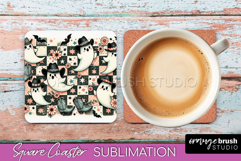Western Halloween Coaster, Retro Ghost Square Coaster PNG Sublimation OrangeBrushStudio 