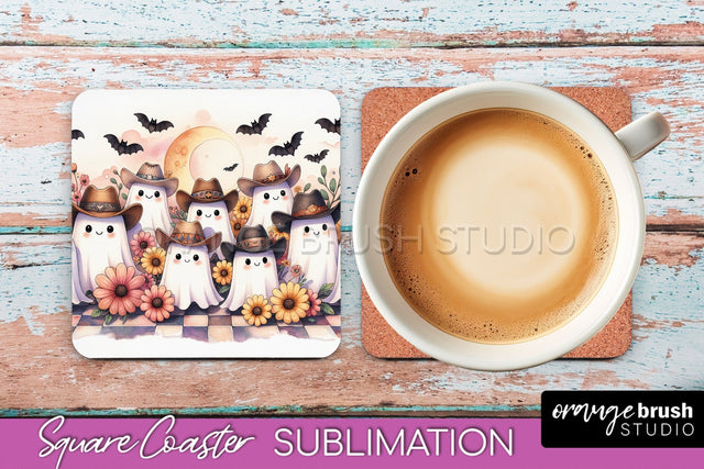 Western Halloween Coaster, Retro Ghost Square Coaster PNG Sublimation OrangeBrushStudio 