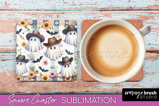 Western Halloween Coaster, Retro Ghost Square Coaster PNG Sublimation OrangeBrushStudio 